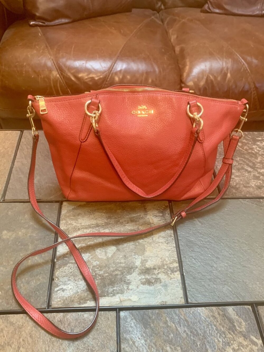 COACH Kelsey Pebbled Red Leather Satchel Crossbody Bag